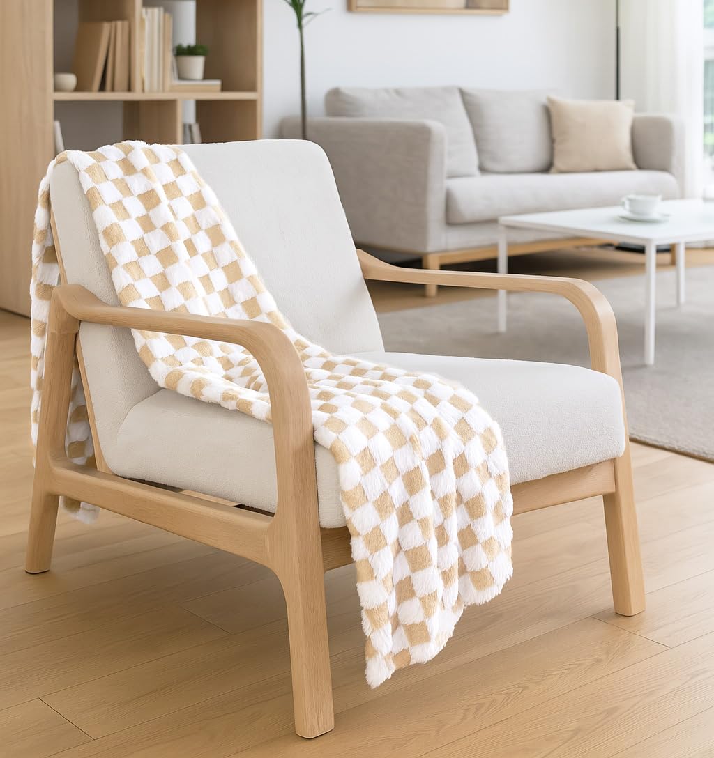 Beige & White Fuzzy Fuzzy Fun 3D Checkered Throw Blanket – Ultra Soft Shaggy Fleece for Cozy Comfort. Beautiful Gift for Women with Style 50 x 65 inches.