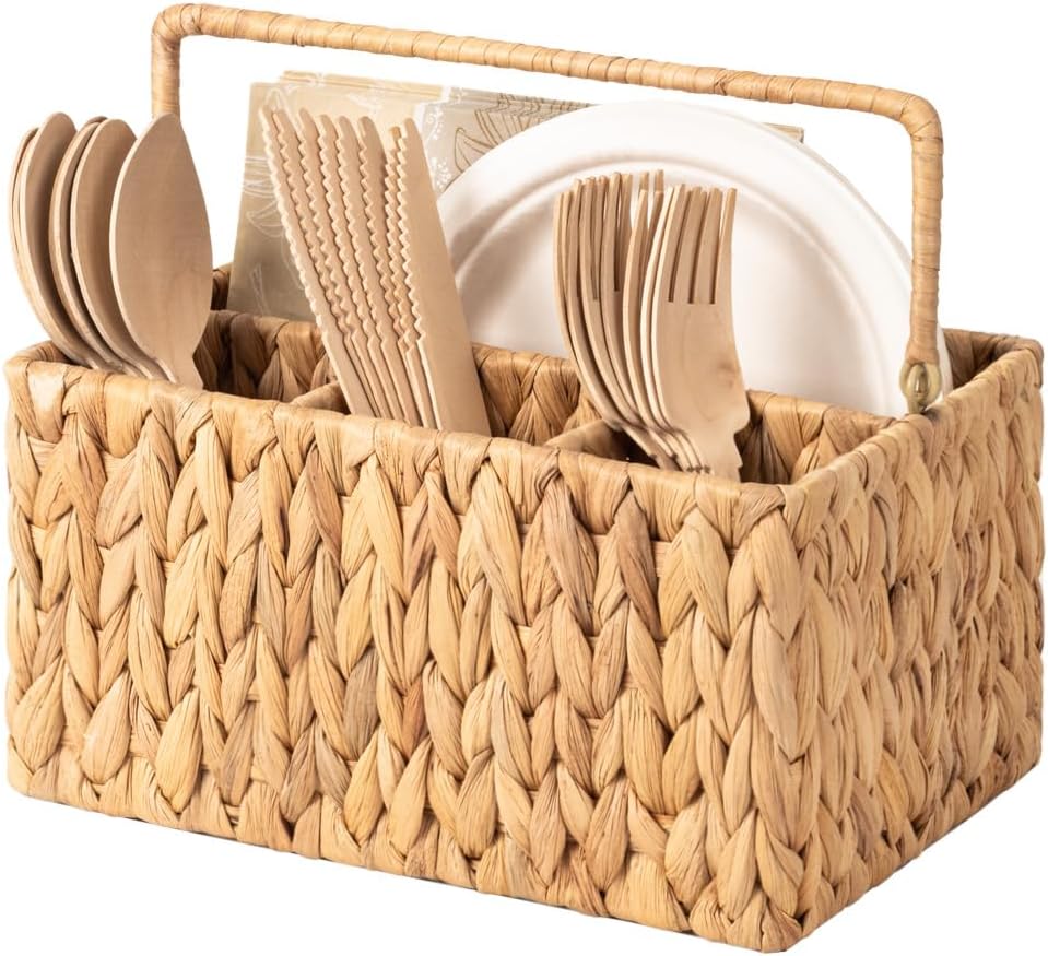 StorageWorks Hand-Woven Wicker Silverware Organizer - Stylish Water Hyacinth Cutlery Holder with Handle