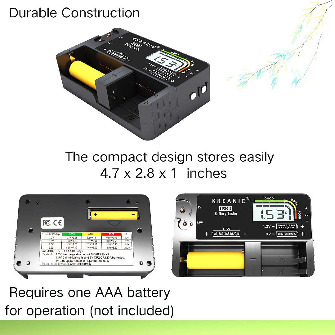 SL-049 9V, CR123A,1.2V Battery Tester - Professional Digital Battery Checker with LCD Display for Household AA, AAA
