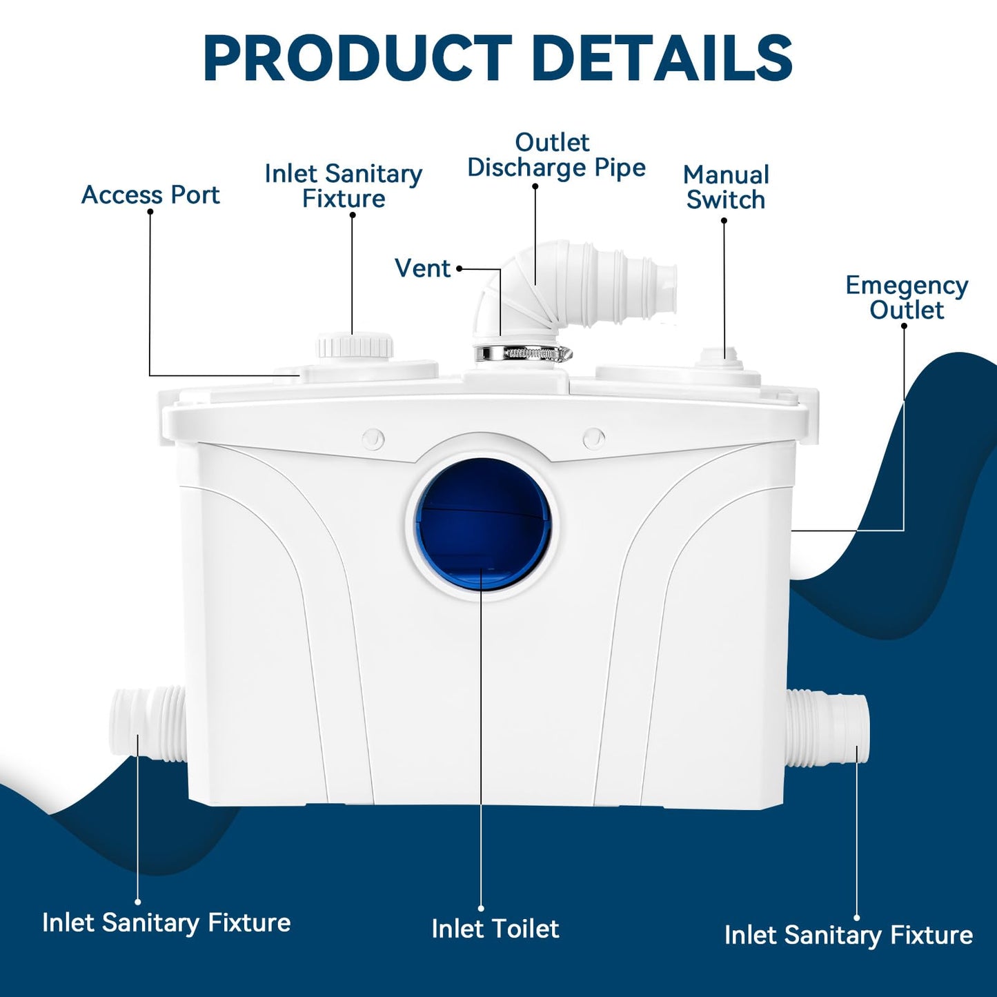 1.2HP Macerator Pump with PCB Function Toilet Pump Utility Sink Pump Upflush to 32.8FT 2500GPH Macerating Toilet System with 4 Water Inlets 1 Outlets for Toilet Sink Shower Laundry Kitchen Basement