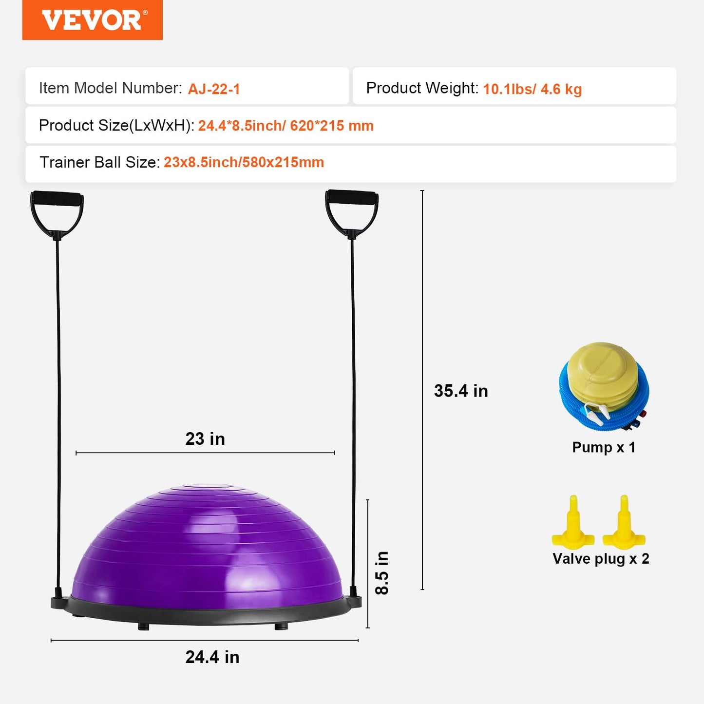 VEVOR 23-inch Half Exercise Ball Trainer, 660 lbs Capacity Balance Ball, Includes Resistance Bands and Pump, Ideal for Full Body Workouts, Yoga, and Strength Training at Home Gym, Purple