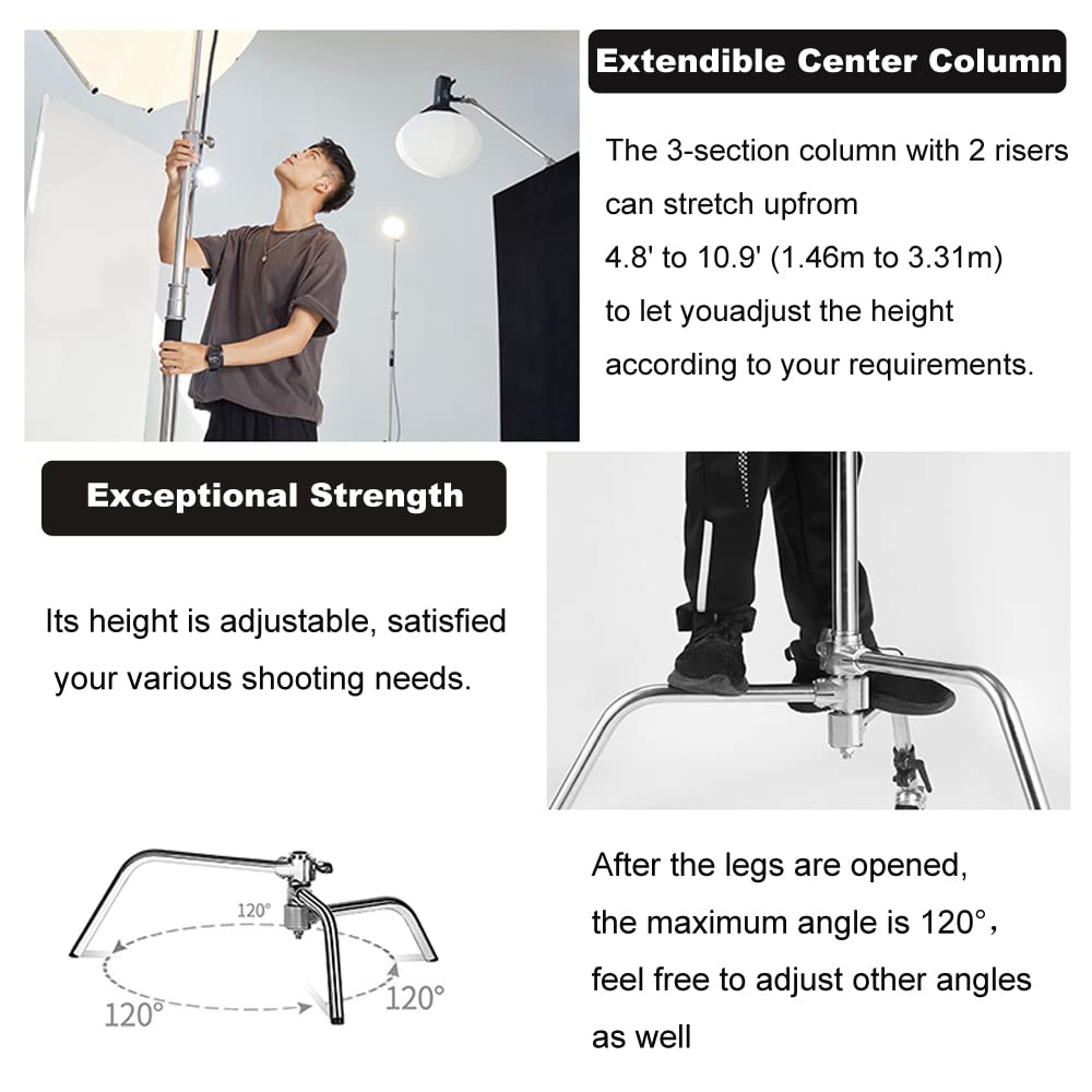 Heavy Duty C Stand 11.3ft/345cm Light Stand with 4.2ft/128cm Boom Arm Wheels Sturdy Stainless Steel Century Stand for Photography Studio Video Reflector, Umbrella, Softbox and Monolight
