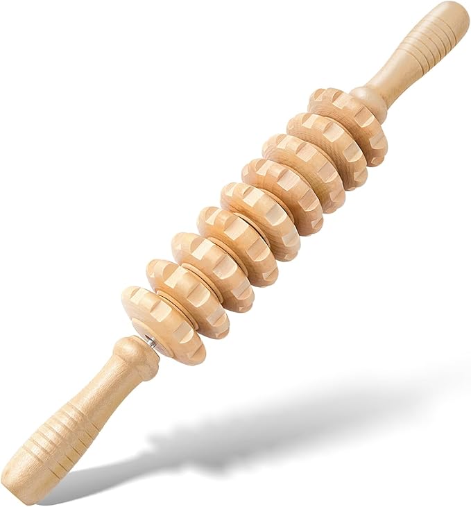 Wooden Cellulite Massage Roller for Legs and Thighs - Handheld Fascia Blaster Tool for Muscle Relief, Lymphatic Drainage & Body Sculpting - Anti Cellulite Massager for Women and Men (9 Wheel)