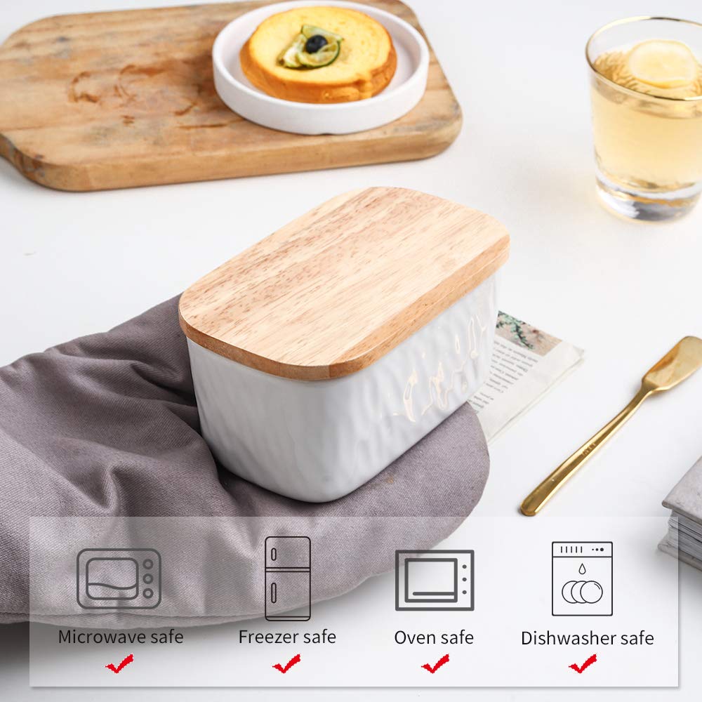 KOOV Porcelain Large Butter Dish with Lid, Airtight Butter Container with Oak Lid, Perfect for 2 Sticks, Texture Series (White)