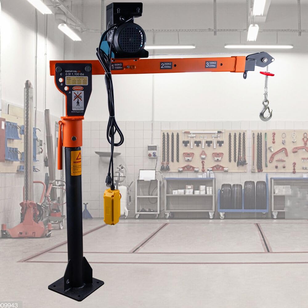 GRIPWAY new Folding Dismountable Household Jib Crane Truck - 1100lb Capacity 110V Electric Hoist, 880lb Pulling Force for Factories, Warehouses, Construction & Building，Orange