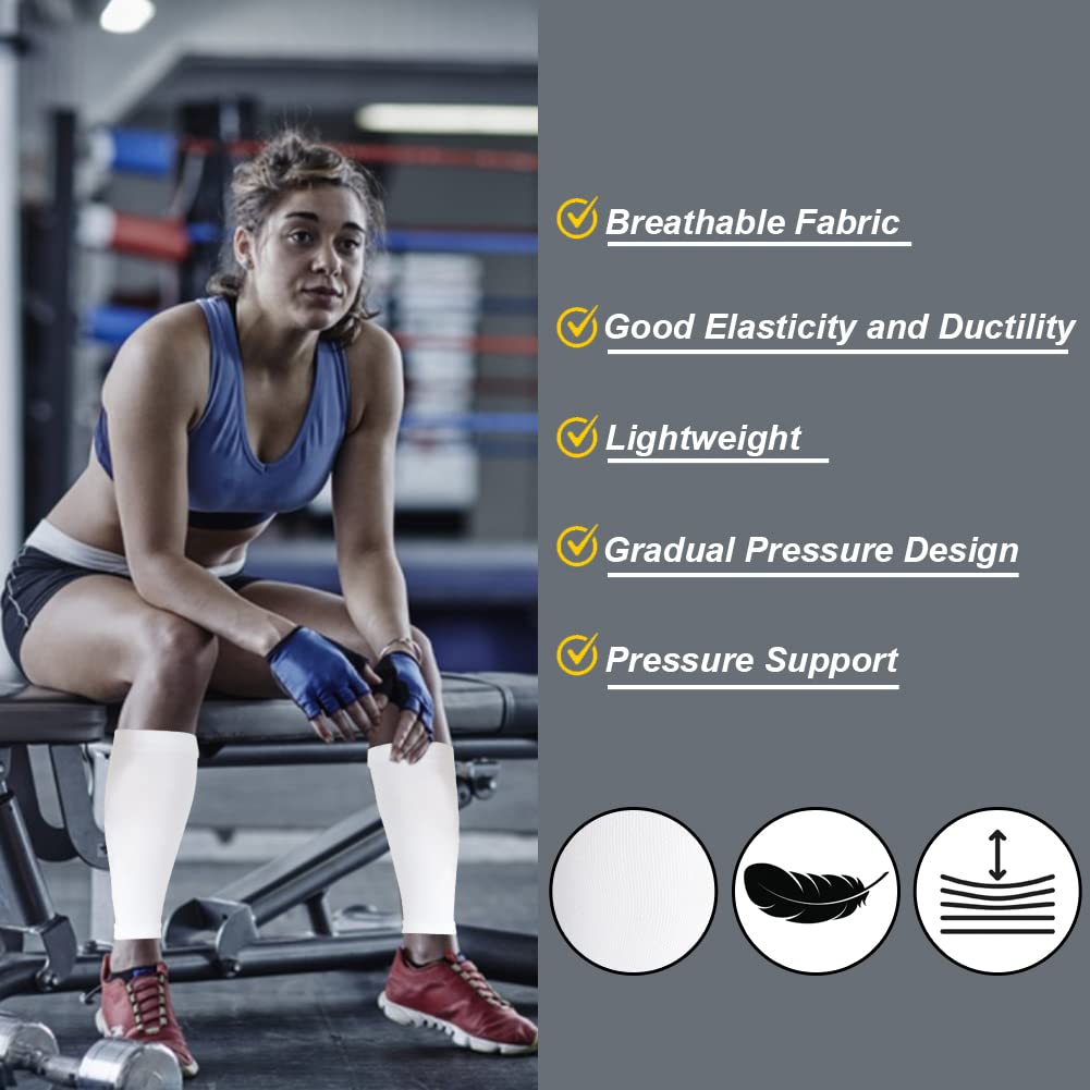 Novetec Calf Compression Sleeves for Men & Women (20-30mmhg) - Leg Compression Sleeve for Running, Cycling, Shin Splints Support, Relieve Legs Pain, Travel (One Pair)(White,Medium)