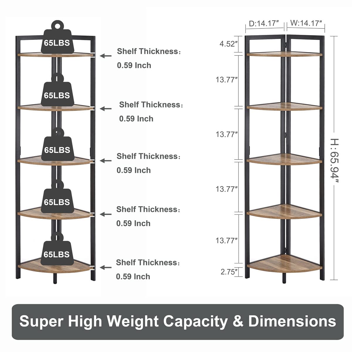 FATORRI Tall Corner Shelf, Industrial Corner Bookshelf, Wood and Metal Corner Shelf Stand for Living Room, Rustic Display Plant Stand for Home Office (Rustic Oak)
