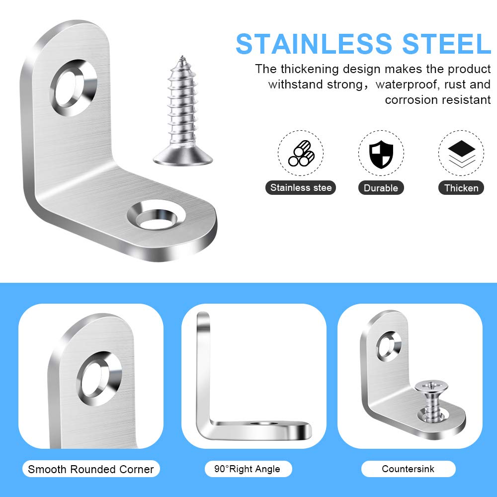 40PCS L Bracket Corner Brace, Stainless Steel L Brackets for Shelves, Metal Corner Bracket, Small Right Angle Brackets for Wood Furniture Chair Drawer Cabinet with 80PCS Screws (0.79 x 0.79 inch)
