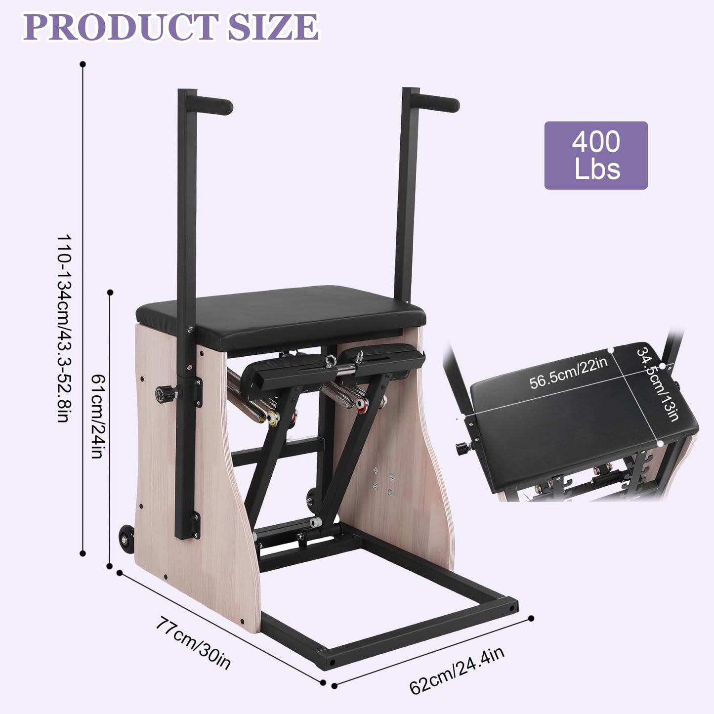 Generic Oak Wood Pilates Chair with 4 Level Handles Split Pedals Adjustable Resistance Studio Quality Pilates Reformer Machine for Home Workouts and Studio Use