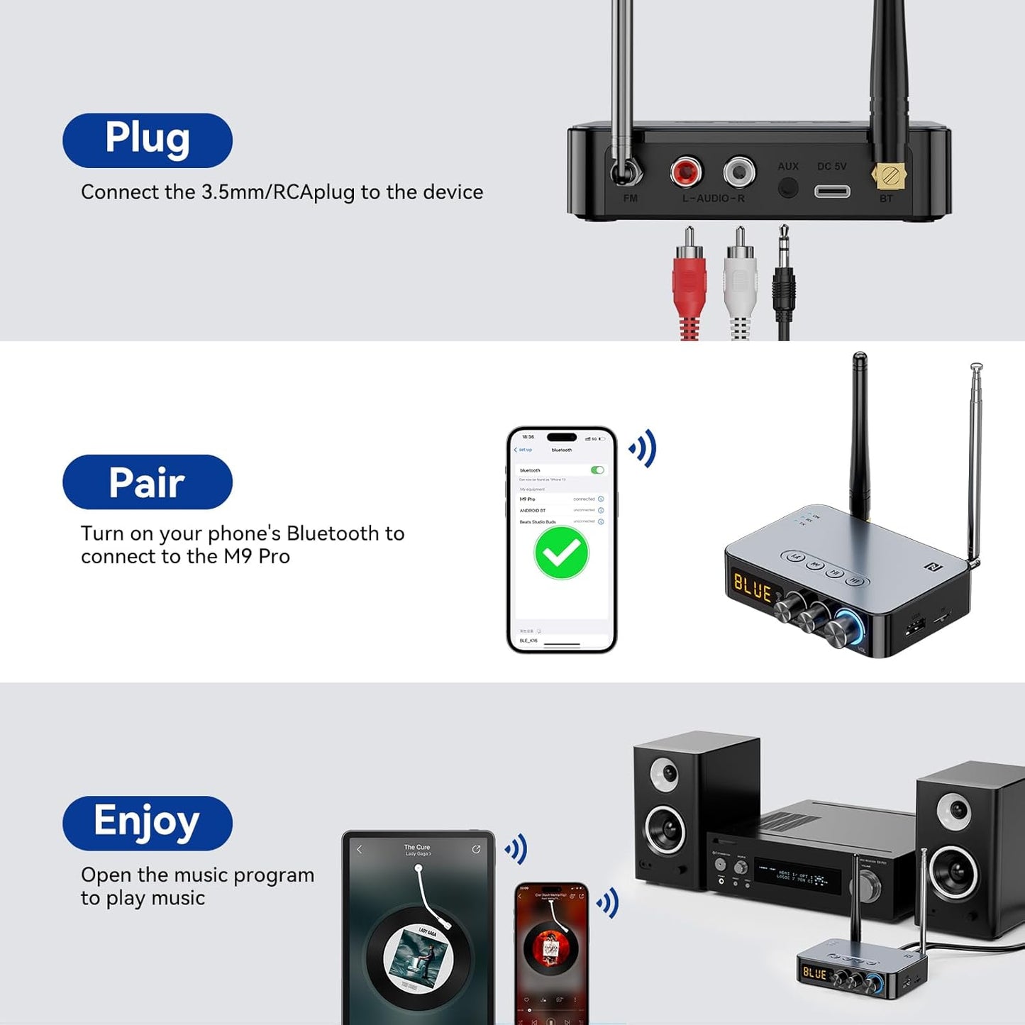 MOREGAX 4-in-1 3.5mm AUX,RCA,6.5mm Bluetooth Audio Receiver Transmitter (with Remote) for Home Stereo TV, HiFi Wireless