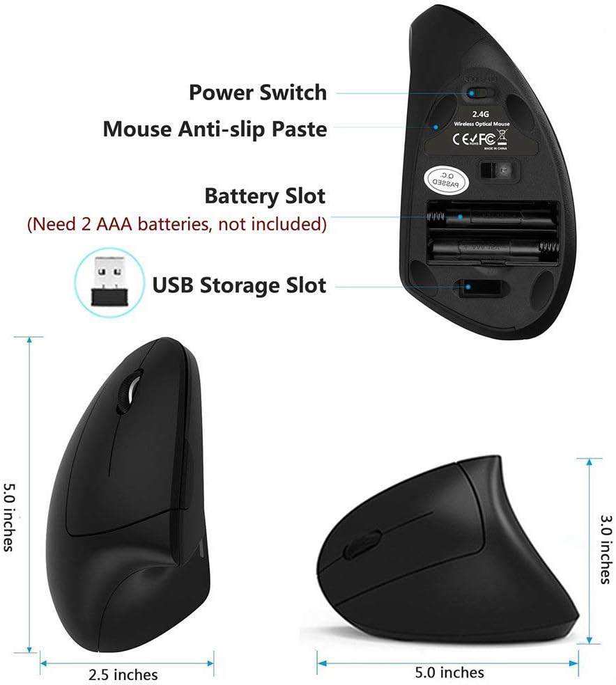 Lekvey 2.4 Left Handed Mouse, Wireless GHz USB Lefty Left Hand Ergonomic Vertical Mouse, Less Noise - Black