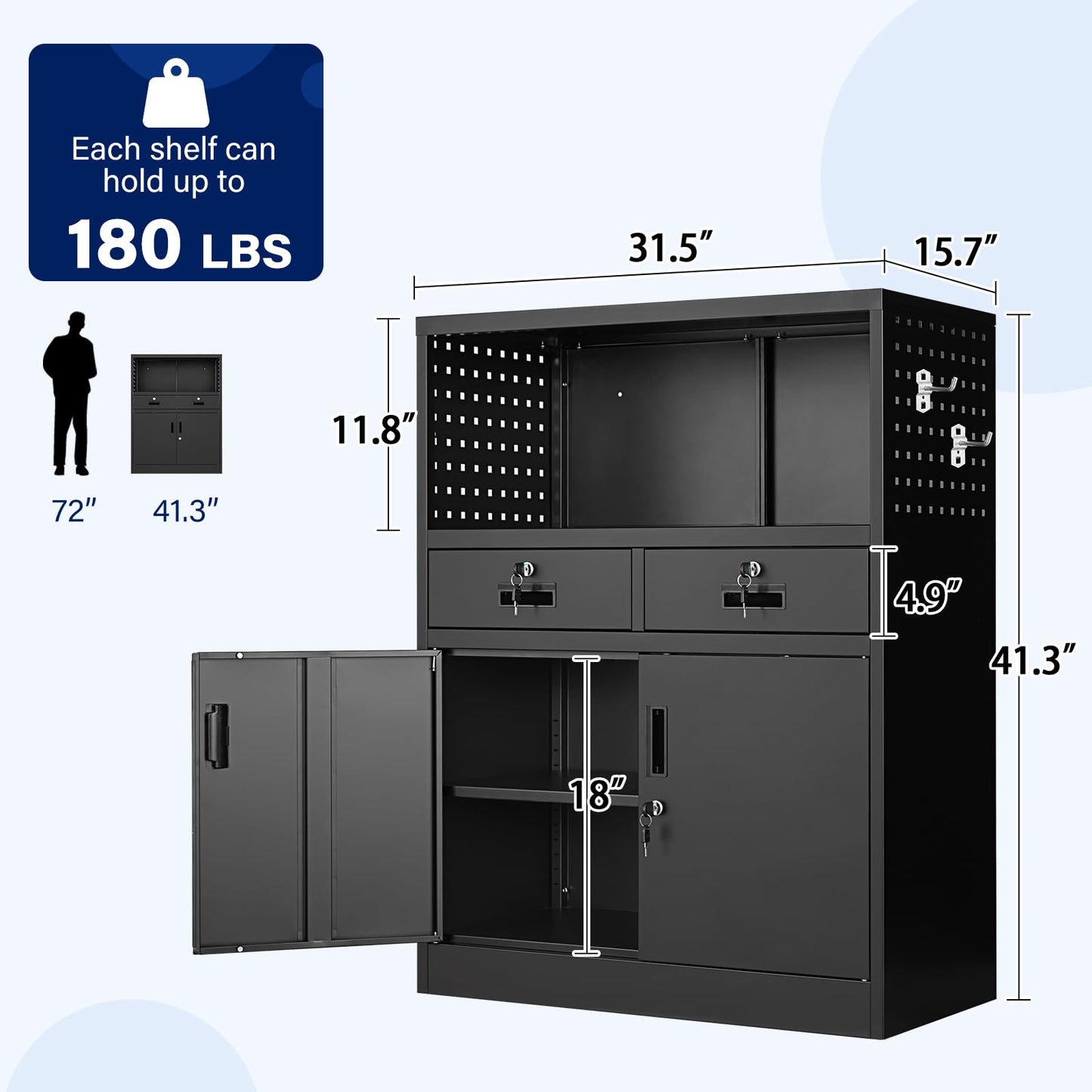 Yizosh Metal Storage Cabinet with 2 Drawers and Locking Doors,- 41.3" Steel Lockable Storage Cabinet with Shelves for Home Office,Garage,School (Black)