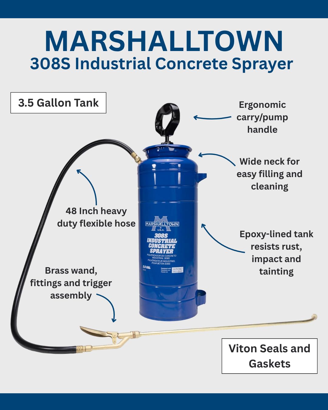 MARSHALLTOWN Industrial Concrete Sprayer, 3.5 Gallon Pump Sprayer, Brass Wand, Spray Solvents and Releases, 308S