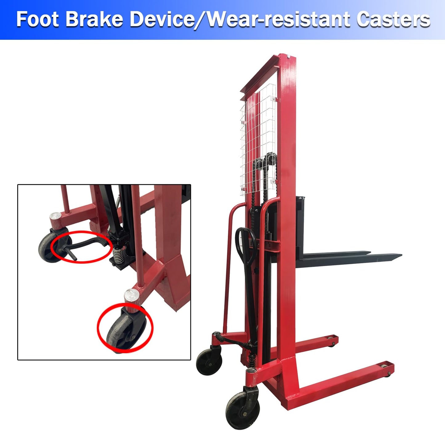 EQCOTWEA Manual Hydraulic Pallet Stacker 2200 LBS Load Pallet Truck Stacker 64" Lift Height Adjustable Forks Manual Stacking Winch Truck Used for Single Sided Pallets, for Warehouse Material Lifting