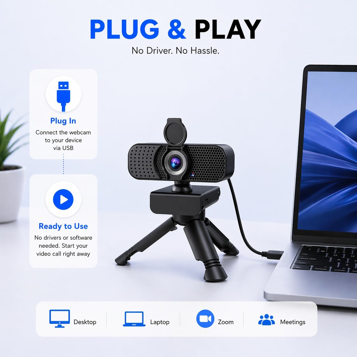 Kemeiv C26 1080P 105 Webcam with Microphone, USB Computer Camera with Privacy Cover, Noise Reducing Mic, Auto Light