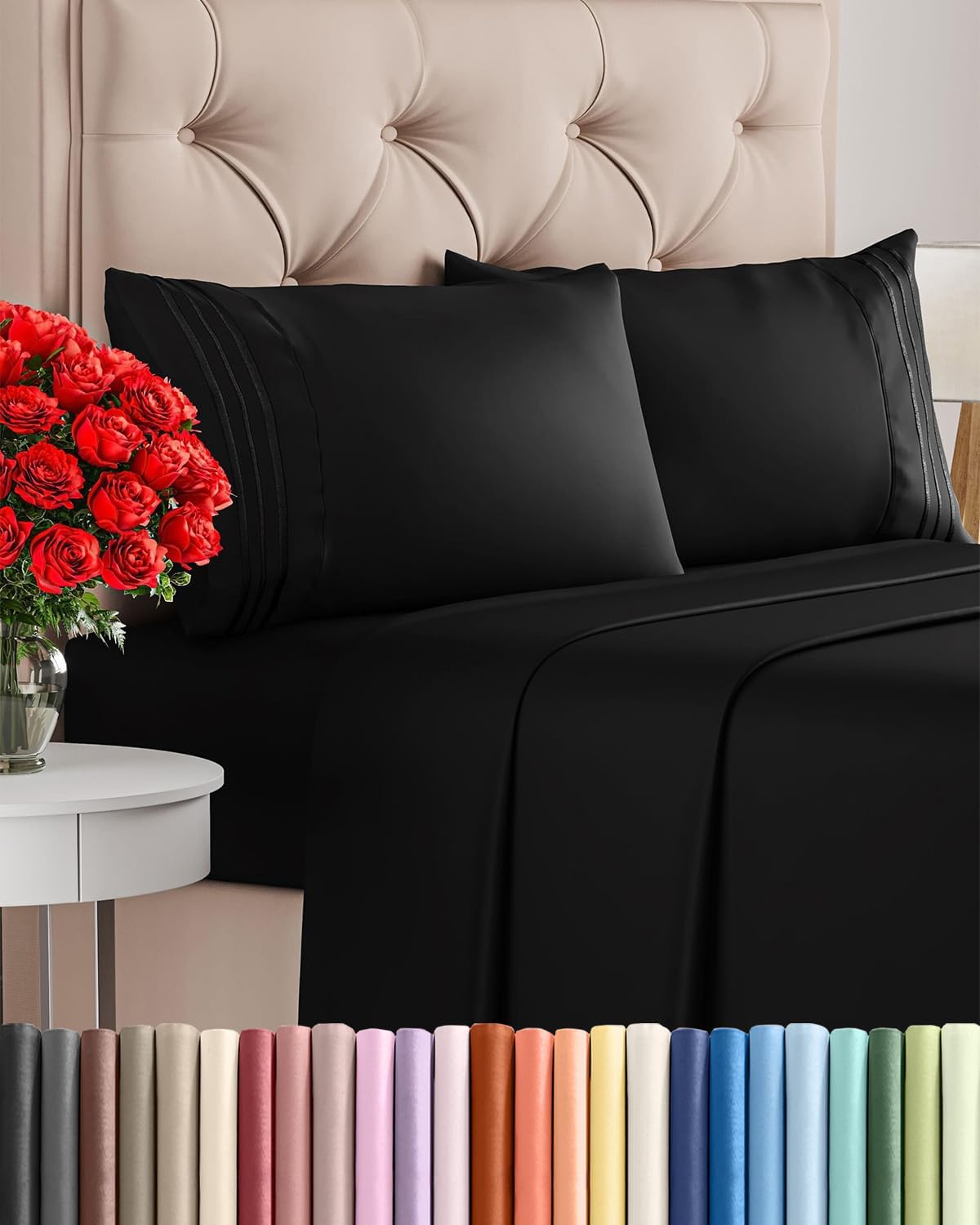 Skiennix Full Size 4-Piece Sheet Set - Comfy Cooling Bed Sheets | Ultra-Soft, Deep Pockets, Black