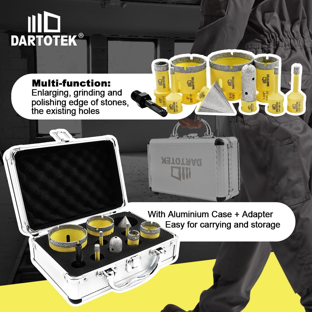 Diamond Core Drill Bits Set 10PCS - DARTOTEK Tile Hole Saw Kit (6/6/8/20/35/50/65mm/20mm/2 SDS for Porcelain, Ceramic Tile, Granite, Marble, Masonry
