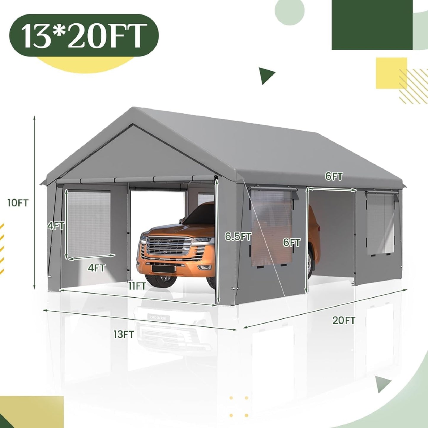 EROMMY 13x20FT Heavy Duty Carport, Portable Garage Shelter with Roll-Up Windows, Removable Sidewalls and Doors, Outdoor Storage Canopy for Car, Truck, Boat, RV, Trailer, Outdoor Gray and Inner White