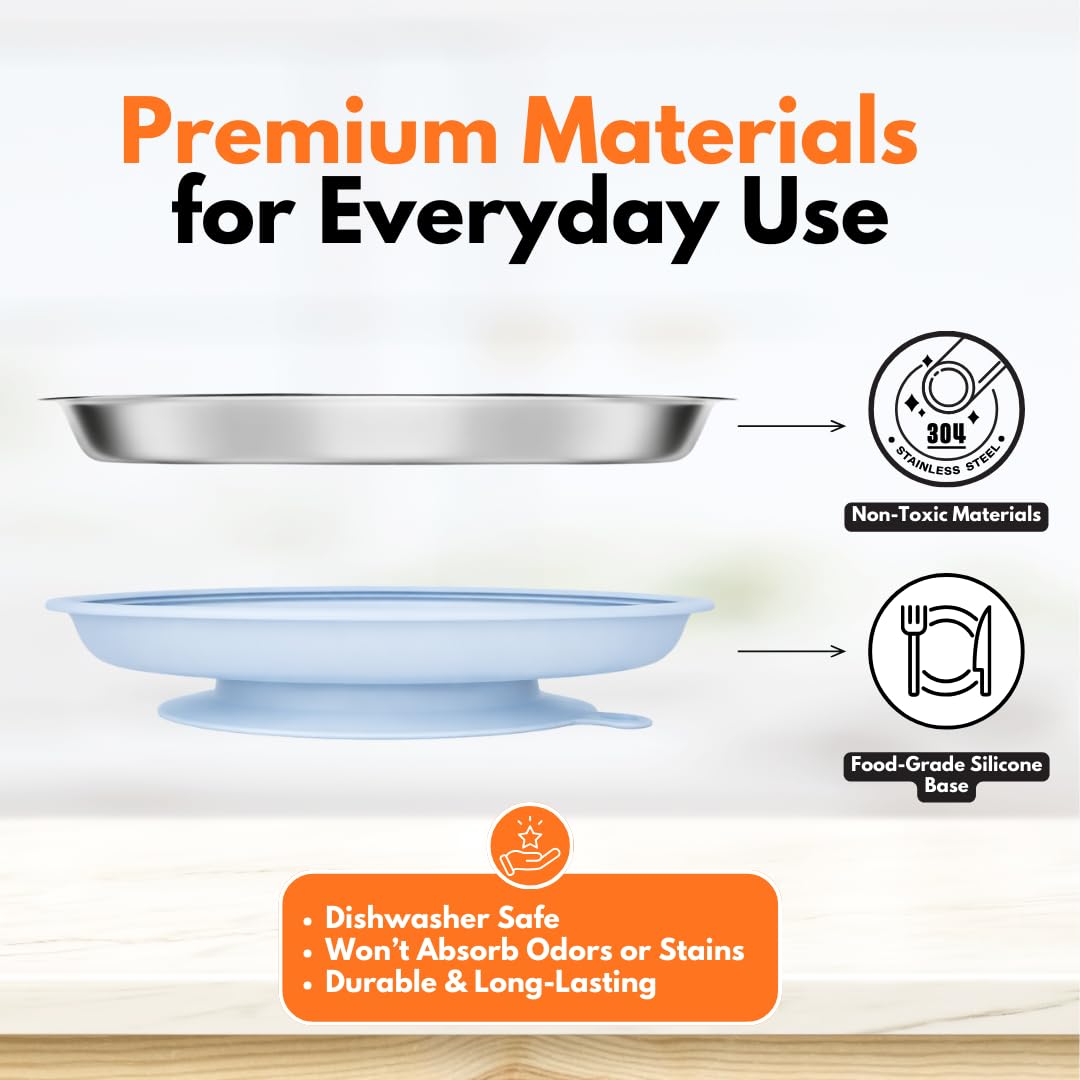 6-Piece Stainless Steel Divided Plates with Suction – Durable Toddler Dinnerware Set with Forks & Spoons – Mess-Free & Dishwasher Friendly