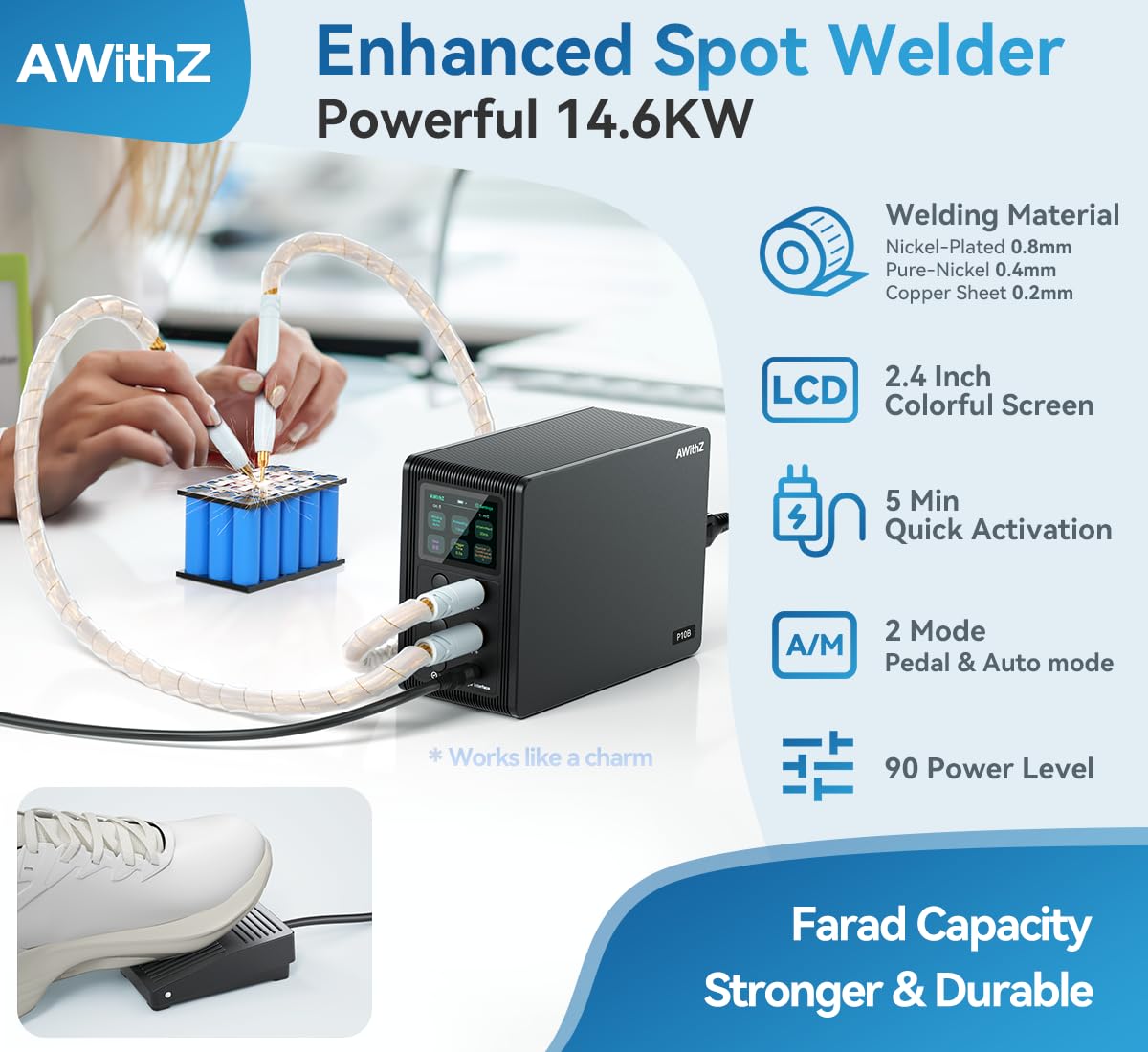 14.6 KW Capacitor Battery Spot Welder, AWithZ Spot Welder, 2-in-1 Automatic & Foot Pedal Two Modes Battery Farad Welding Equipment for 18650/LiFePO4 Lithium Battery Pack Building (P20B)