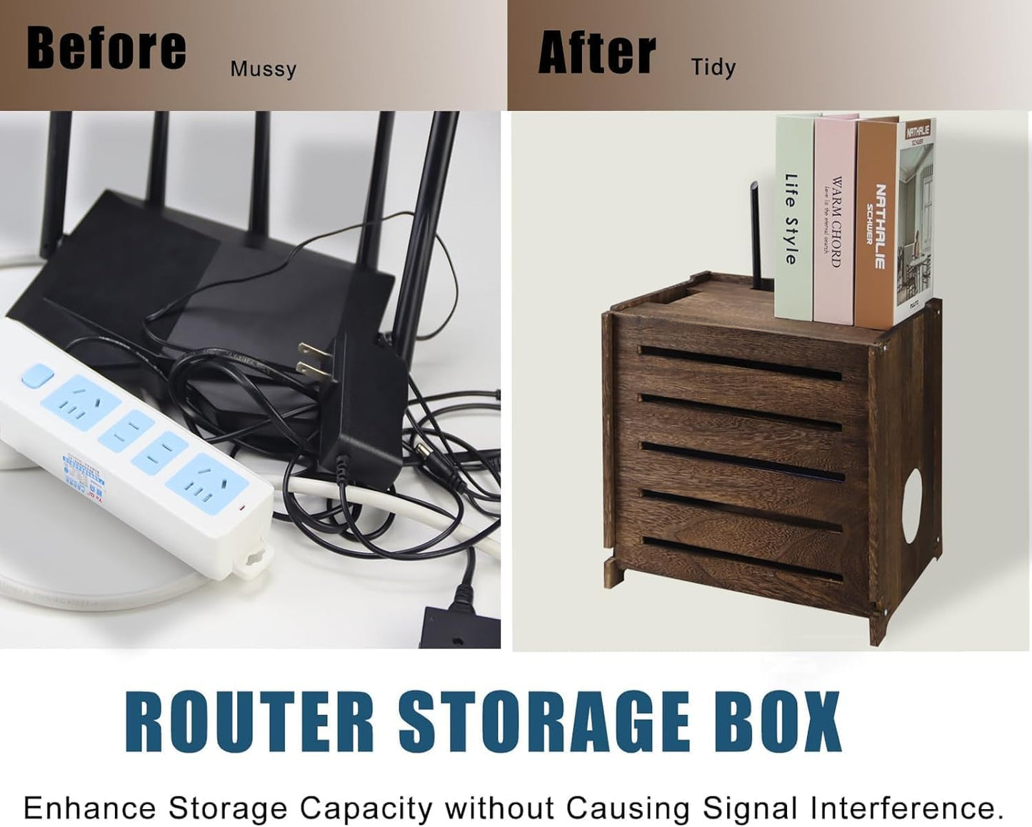 Yemotopro Wooden WiFi Router Storage Box Charcoal Retro Wood Router Hider Box Modem Store Boxes, Double-Layers WiFi