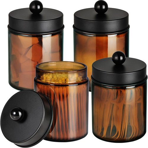 Amolliar Amber Glass Qtip Holder - Stylish Apothecary Jar with Matte Black Lid | 4-Pack Bathroom Organizer for Cotton Swabs & Floss