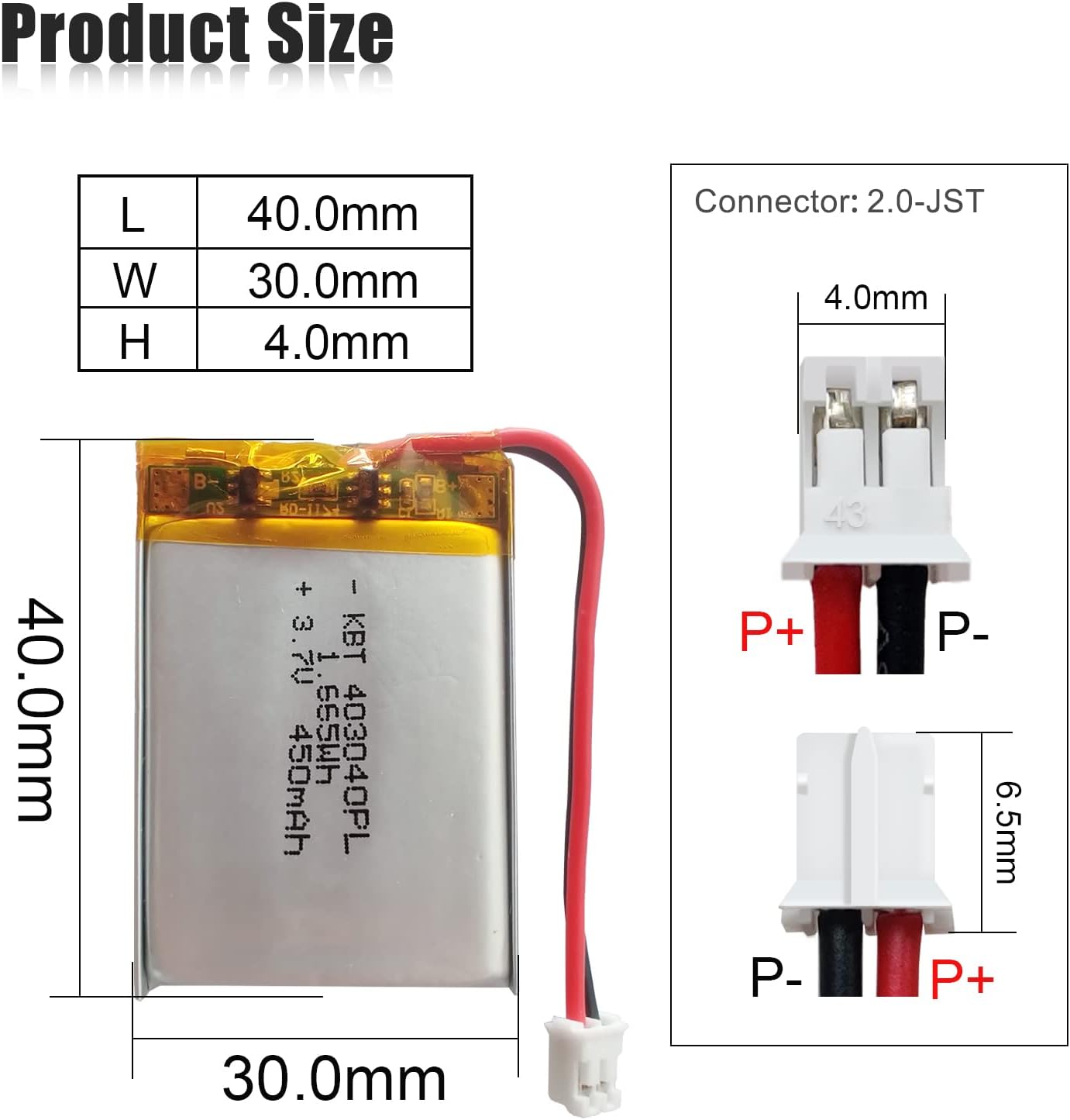 KBT KEEP BETTER TECH 3.7V 450mAh 403040 2.0 2Pack KBT Li-Polymer Battery: Rechargeable Li-ion Batteries Replacement