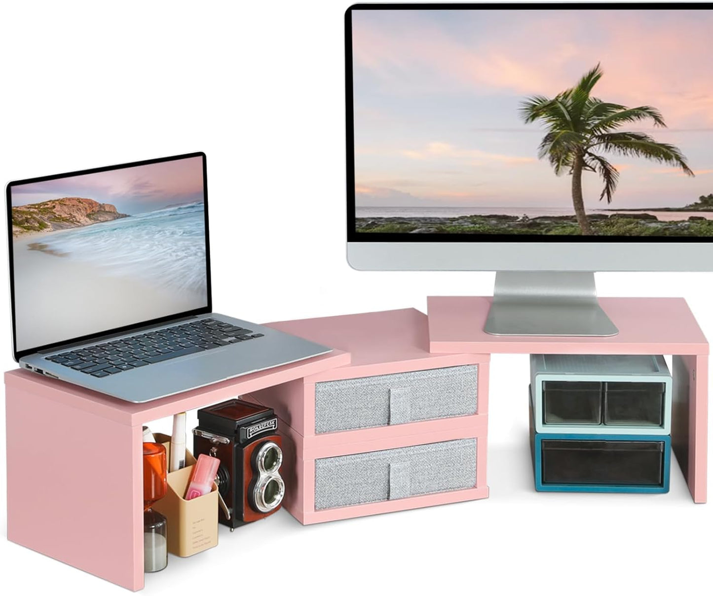 2 37 inch 2 (2 8''H) TEAMIX Pink Dual Monitor Stand Riser with Drawers - Length and Angle Adjustable Double Corner Desk