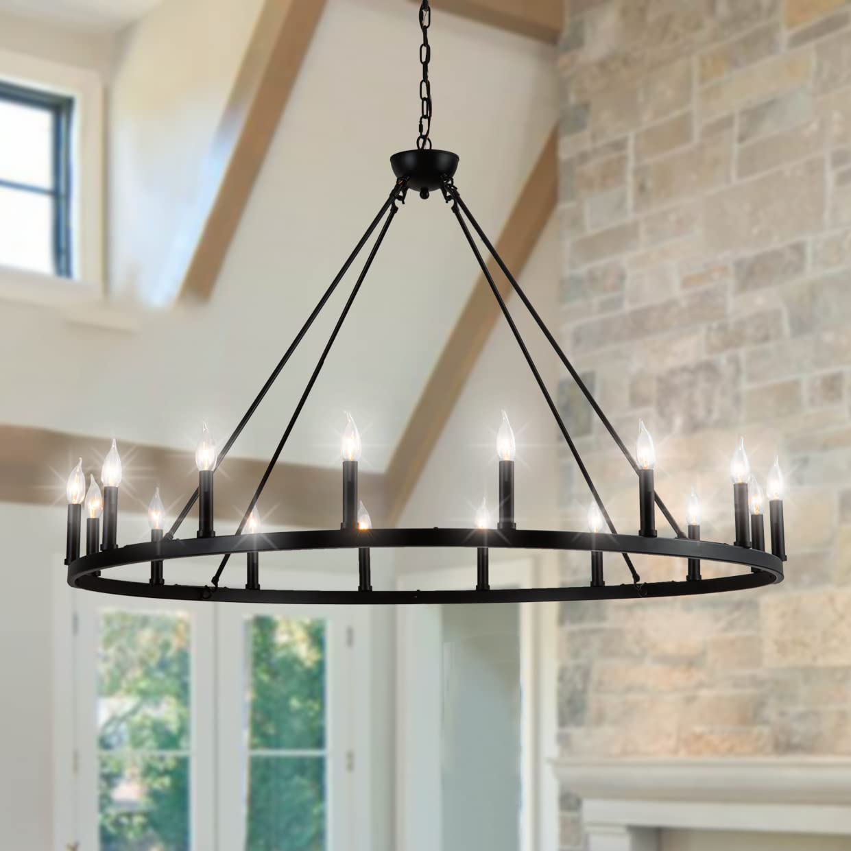 Psyverii 16-Light Black Wagon Wheel Chandelier Large Farmhouse Chandelier, Round Rustic Lighting, Farmhouse Light Fixture