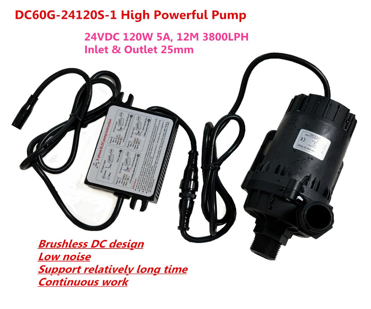 SHYSKY Heavy Duty Low Noise 24V 120W Micro Brushless DC Water Pump DC60G-24120A-1, 12m 39ft 1003GPH, Speed/Flow Adjustable, DRY RUN Protection, For Cooling Circulation Pressure Sys