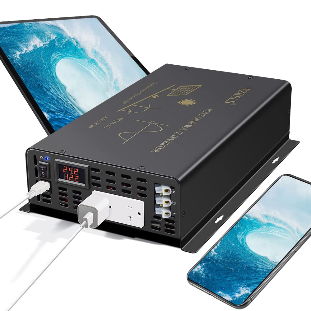 WZRELB Pure Sine Wave Power Inverter 5000Watts 24VDC to 120VAC 10KW Peak Dual AC Outlets 2× 2.4A USB Port &Hardwire Terminal Off-Grid Solar Converter RV Trucks