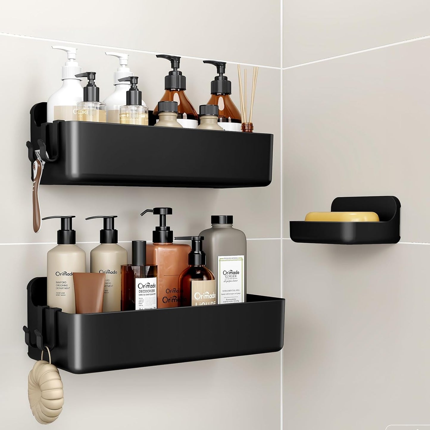 Orimade Shower Caddy - No-Drill Adhesive Shelves with 4 Hooks | Rustproof ABS Plastic, Black - 3-Pack