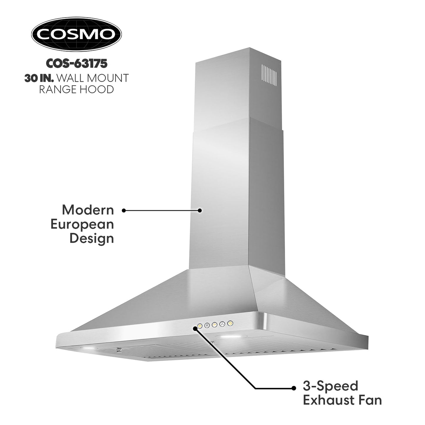 COSMO COS-63175 30 in. Vista Collection 380 CFM Ducted Wall Mount Range Hood, Button Controls, LED Lights, Stainless Steel