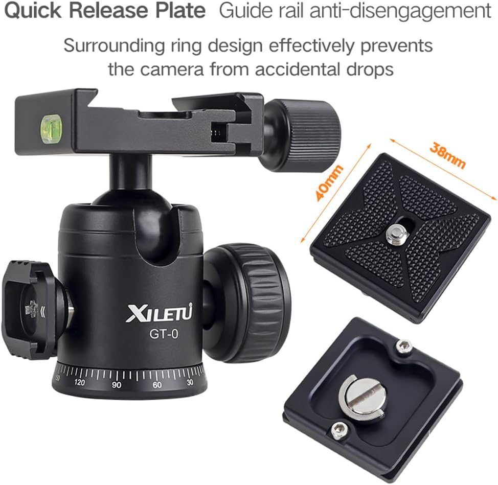 XILETU 360 1/4" 3/8" Tripod Ball Head Panoramic Metal with Arca Type Quick Release Plate, Screw Thread Mount, Tripod