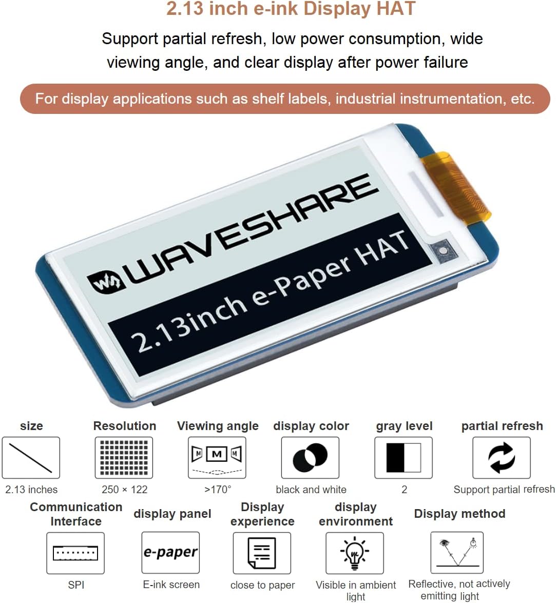 waveshare 2.13inch V4 250x122 3.3V/5V WH/2B/3B/3B+/4B, E-Ink Display HAT Version, Resolution Black White Two-Color