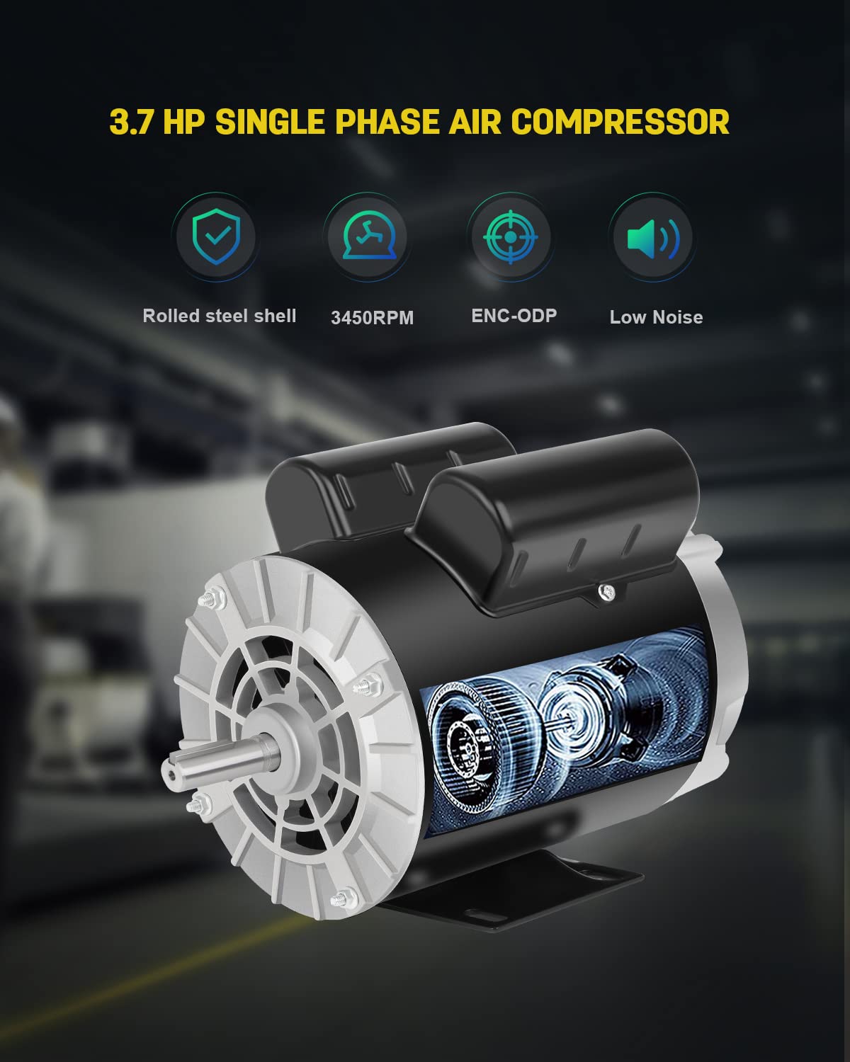 3.7 HP Air Compressor Motor, 3450 RPM Electric Motor, 230V 17.2A Single Phase Motor, 56 Frame 5/8" Keyed Shaft, Commercial-Duty CCW Rotation, 1.88" Shaft Length for Air Compressors
