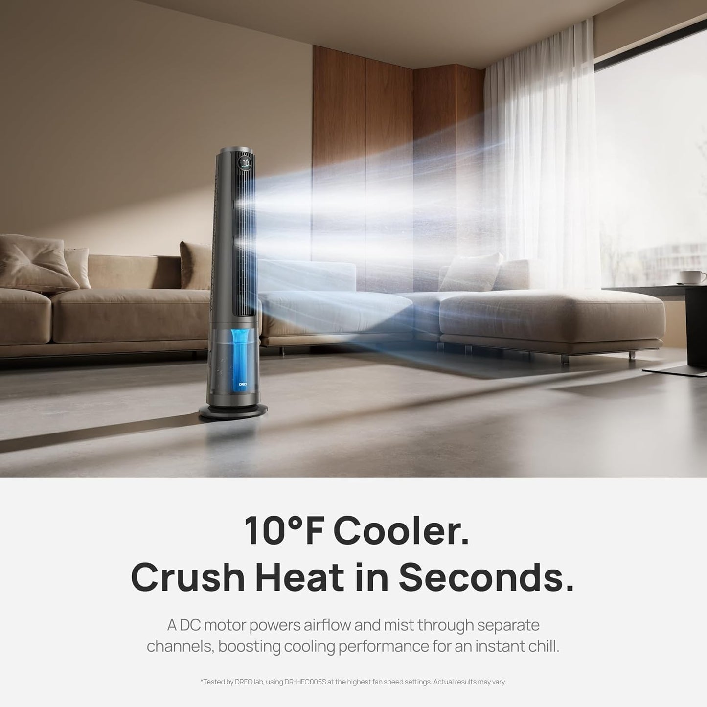 DREO TurboCool Misting Fan 765S, Tower Fans that Blow Cold Air, 10°F Cooling, 34ft/s Fast Standing Fan, 6L Tank, 20 dB Quiet DC Motor, 90° Smart Oscillating Fan with 12 Speeds, 4 Modes for Home, Grey
