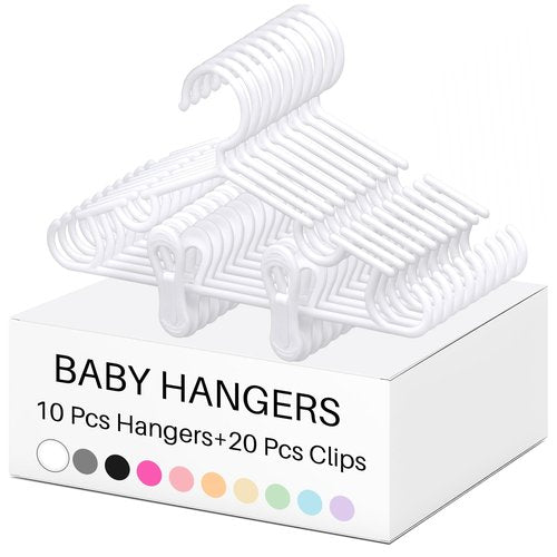 Hsei 5/10/40 Pack Baby Hangers with 10/20/80 Clips, Plastic Kids Pants Hangers for Nursery Closet Top and Bottom Clothes Hanger Set for Newborn Infant Toddler(30 Packs Total,White,10.6 Inch)