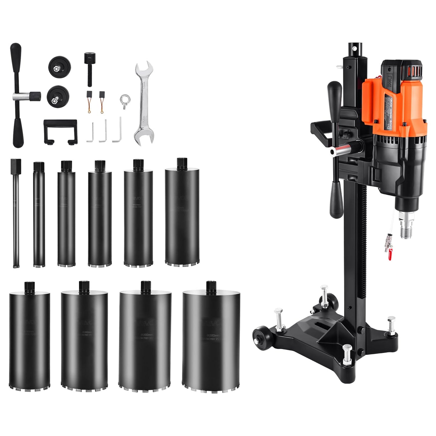 VEVOR Diamond Core Drilling Machine, 0.8-10 in Drilling Diameter, Stand-Mount Dry and Wet Concrete Core Drill Rig with 10 Bits, 470/800 RPM 2-Speed, UNC1 1/4-7 Thread, for Concrete Brick Stone, 2500W