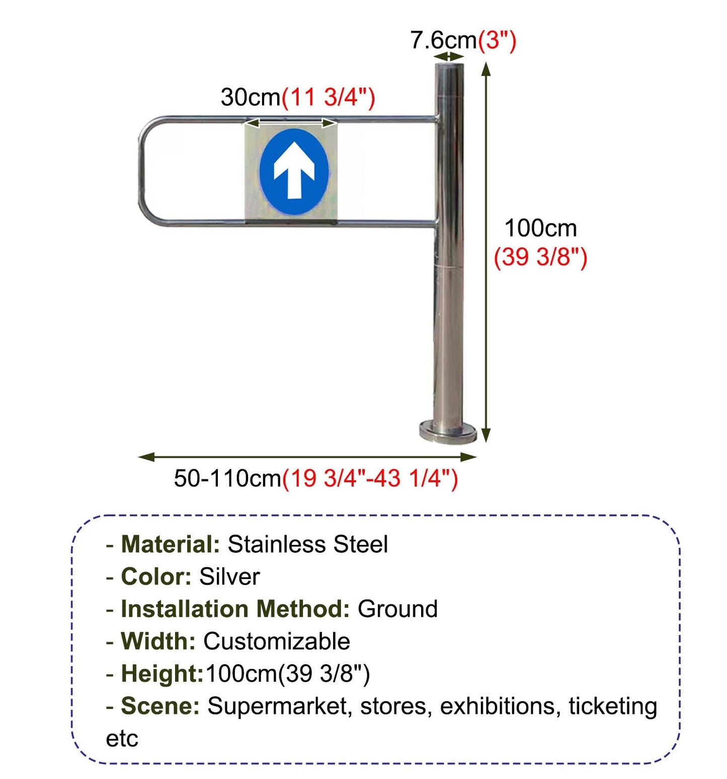 WhamtL Stainless Steel One Way Turnstile Gate, 20 24 35 39 43 in Width Entrance Swing Gate, Pedestrian Control Barrier for Warehouse Factory Entrance(Right,WXH 100x100cm(39x39in))