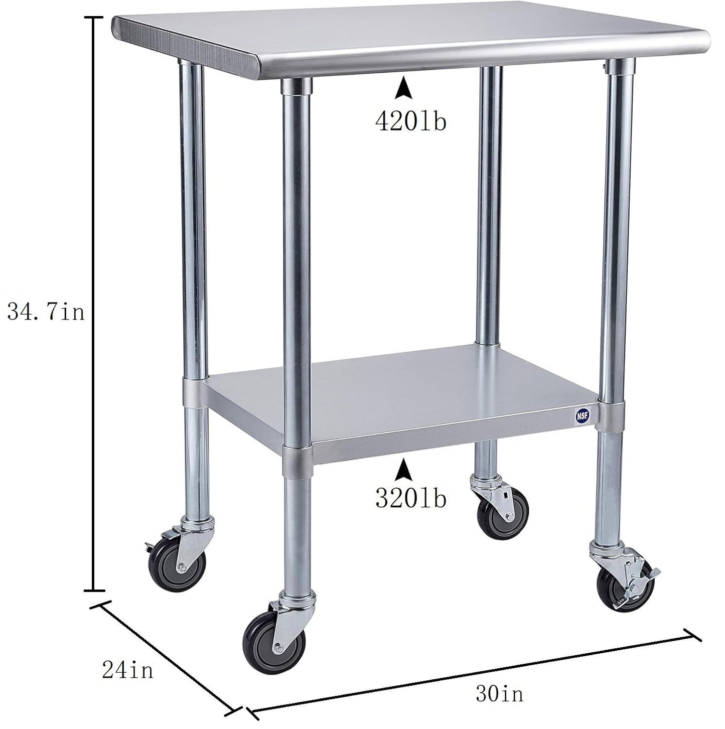 ROCKPOINT Stainless Steel Table for Prep & Work with Caster Wheels 24x30 Inches, NSF Metal Commercial Kitchen Heavy Duty Table with Adjustable Under Shelf and Table Foot for Restaurant, Home and Hotel