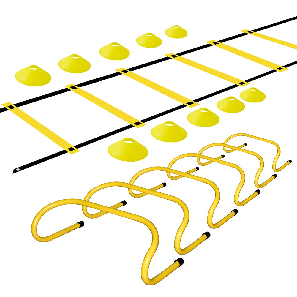 TNZMART Agility Ladder and Disc Cones Training Set Adjustable Rungs Training Ladder with 10 Plastic Sport Cones for Training (Yellow, 6 Hurdles)