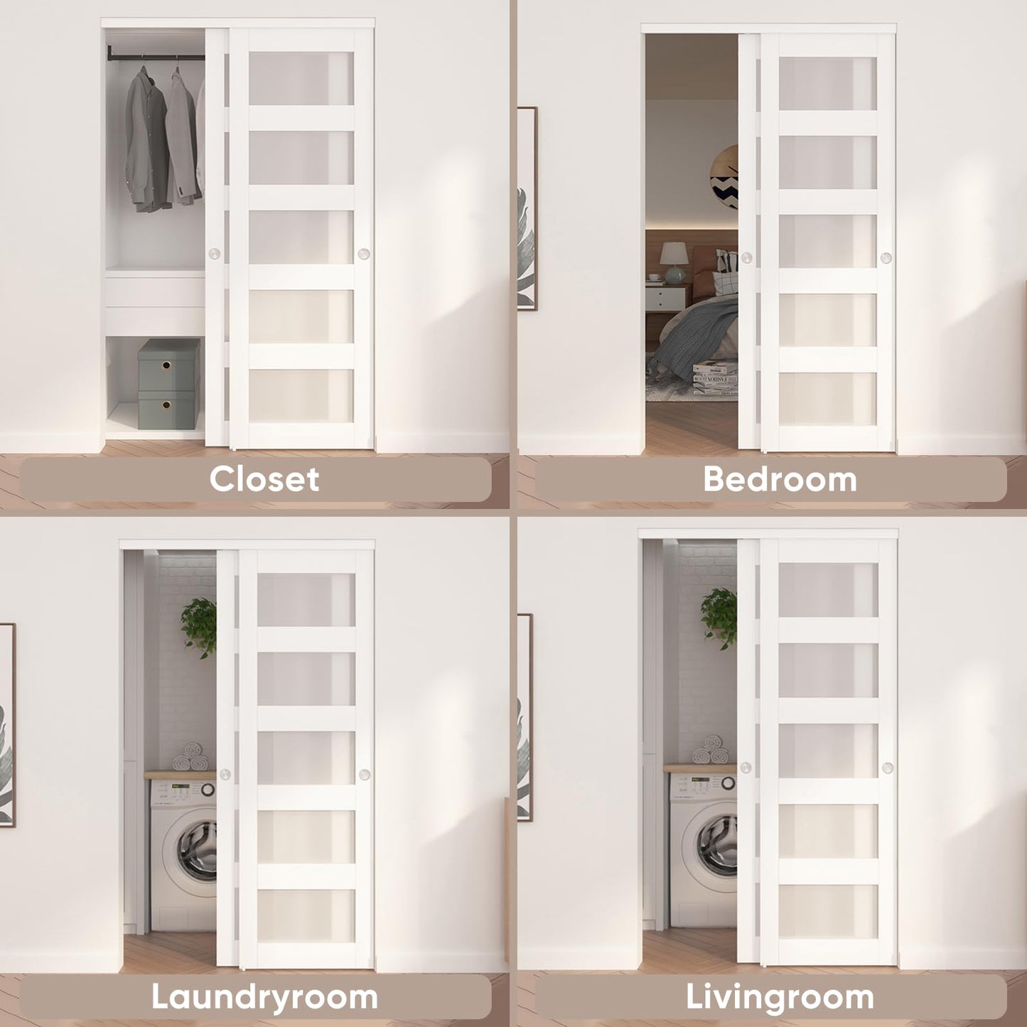 JUBEST Sliding Closet Door 60"(Double 31") x 80", 5-Lite Frosted Glass Bypass Door with Hardware Kit & Matching Fascia, Pre-Drilled Solid Wood Slab with Water-Proof PVC Surface, Easy to Install, White