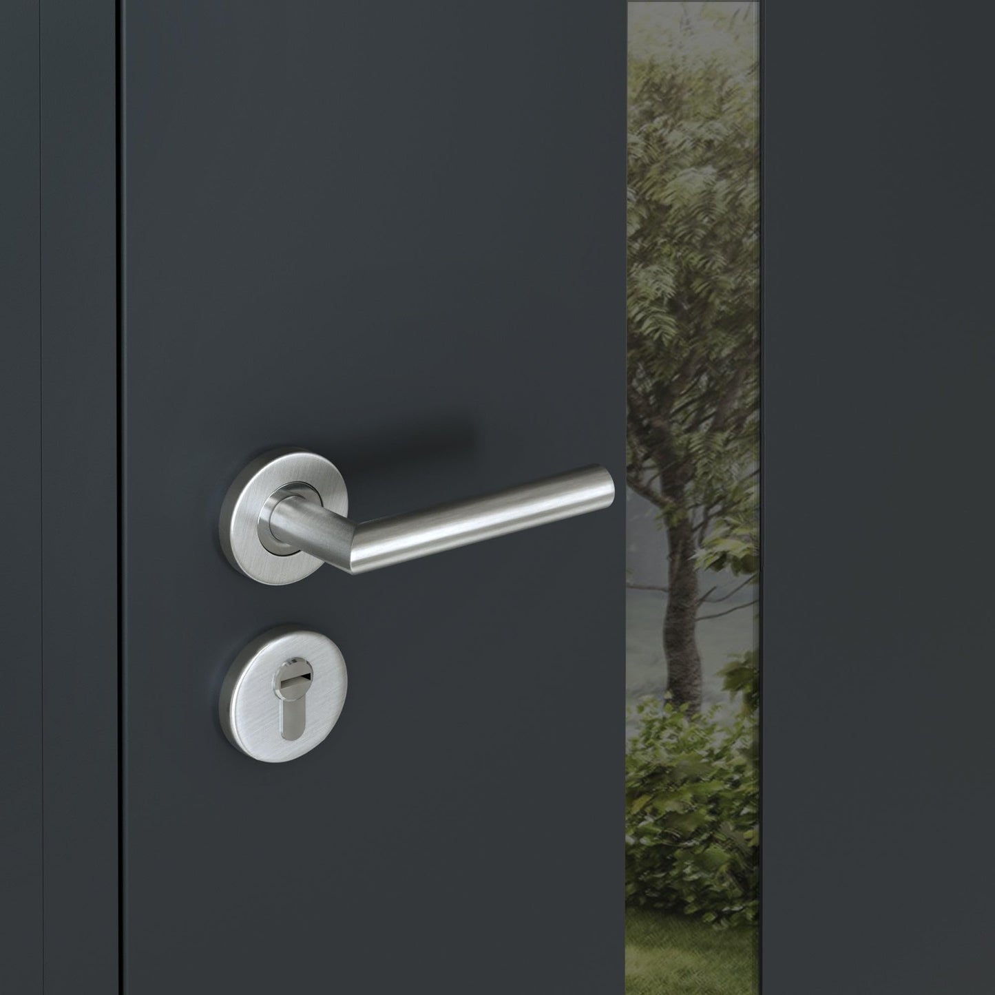 VDOMDOORS Front Exterior Prehung Steel Double Doors/Cynex 6777 Black/Side Exterior Window/Stainless Inserts Single Modern Painted 86x80 (W72+14" x H80)-Right-Hand Outswing