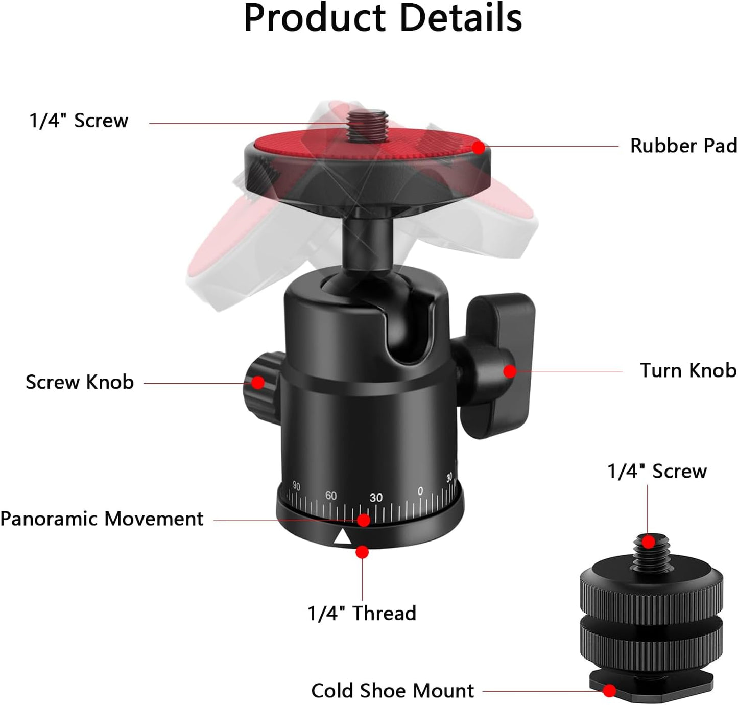 EszkozTA 1/4" 360 Universal Swivel Mini Ball Head Screw Tripod Mount with Hot Shoe Mount, Panoramic Rotating Mount Base