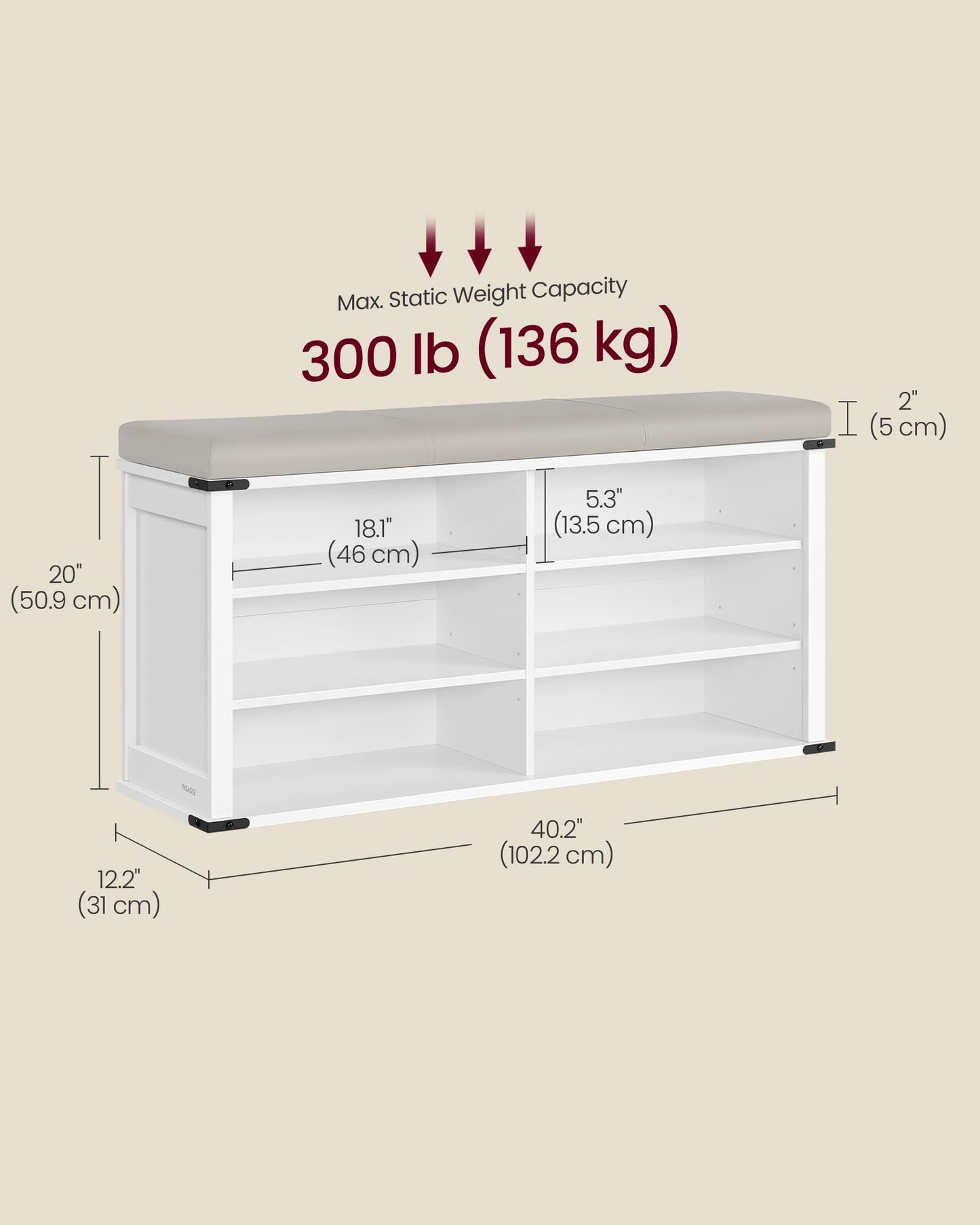 VASAGLE Shoe Storage Bench with Removable Cushion, Shoe Rack with Padded Seat, Entryway Bench with 6 Open Compartmens, Adjustable Shelves, for Hallway, Bedroom, Cloud White ULSB105W01