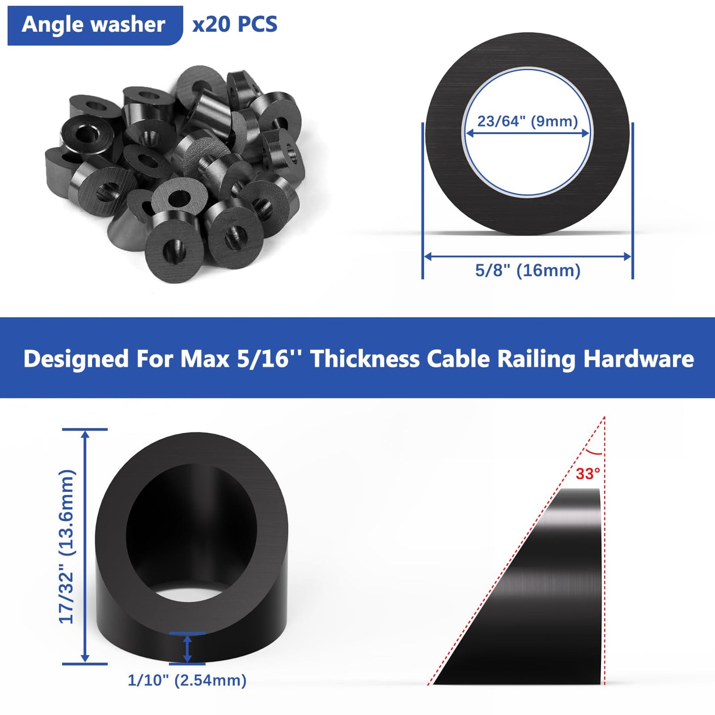 Zylorix 20 Pack 0.35" ID T316 Angle Washers Max for 5/16" Cable Railing Hardware, Marine Grade Stainless Steel 33° Angle Beveled Washers for Stair Deck Metal Wood Aluminum End Posts, Black