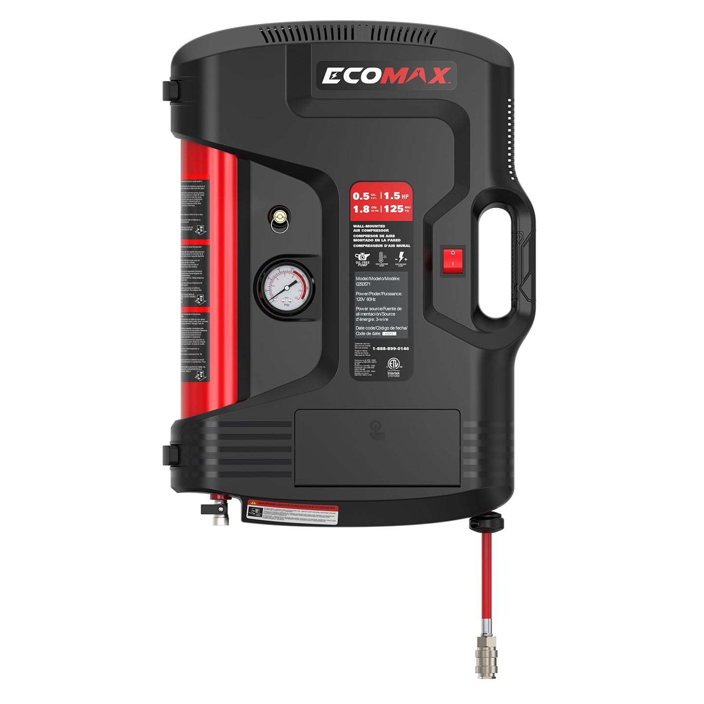 ECOMAX Wall Mount Air Compressor, Tire Inflator Portable Air Compressor, Oil-Free with Retractable 30ft Air Hose, Mini Tank 125 PSI MAX Pressure & 1.5 HP for Garage and Home