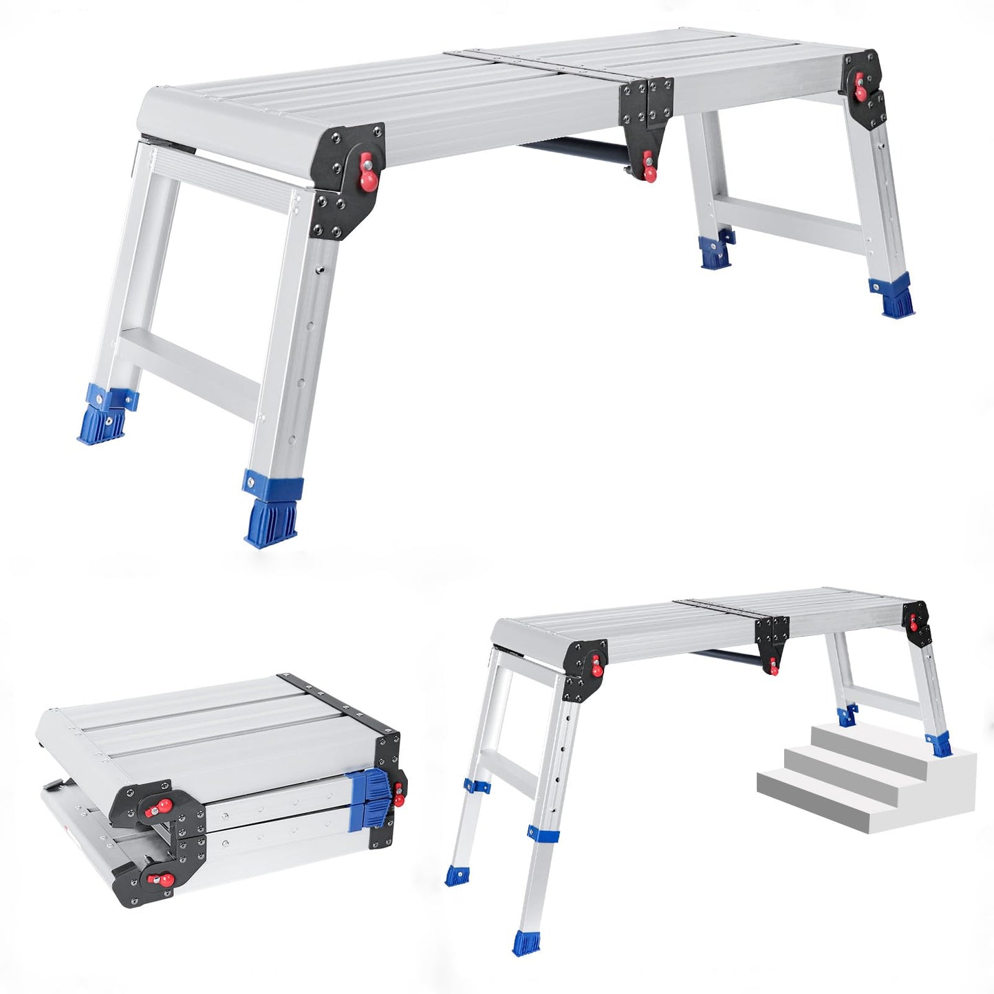 Foldable Aluminum Work Platform, 12.7 lb, Easy-Installation, Capacity of 500 lbs, Non-Slip, Step Stool for Adults with Adjustable Height, Heavy Duty & Portable Step Ladder