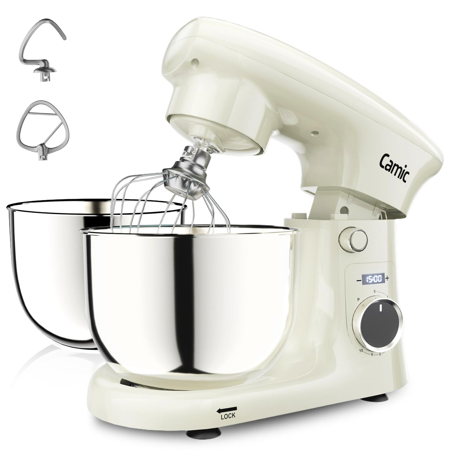 Camic Stand Mixer, 4.2QT+5.3QT Two bowls Electric Food Mixer, 10 Speeds with Digital setting 3-IN-1 Kitchen Mixer for Baking Cakes Cookie Bread Salad with Egg Whisk,Dough Hook,Flat Beater (White)